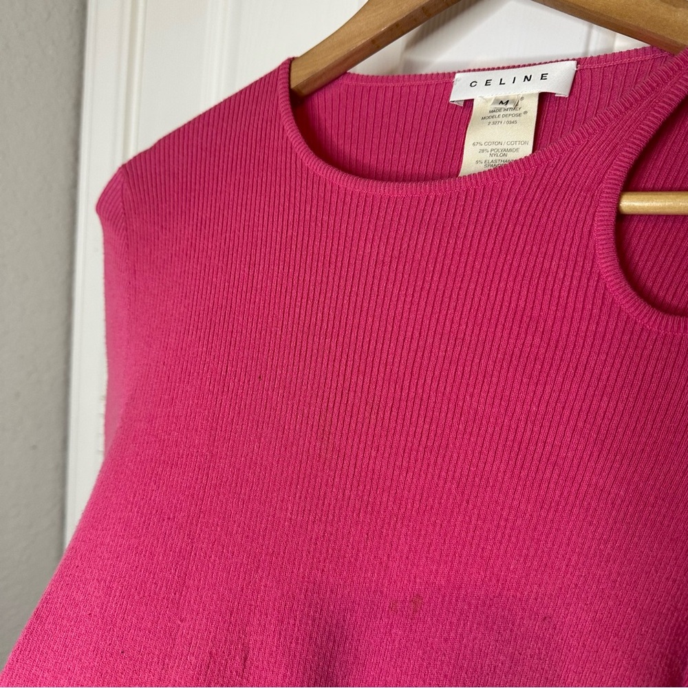 Y2K Celine Hot Pink Ribbed Cutout 3/4 Sleeve Top Sz M *Flawed*  Barbiecore Glam - Picture 6 of 10